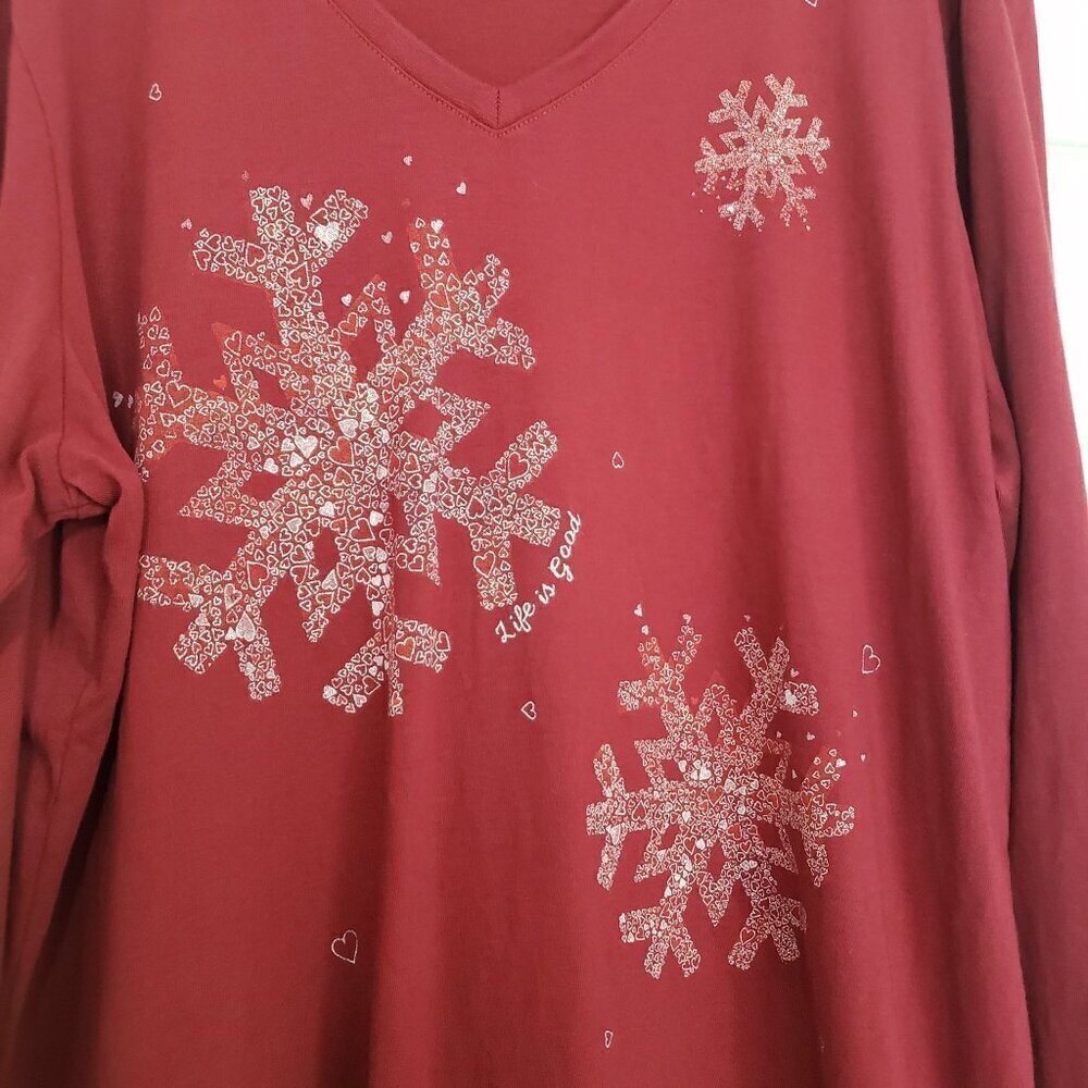 Life is Good Crusher Tee Snowflake Hearts Cotton Red Long Sleeve Womens Size XL - Picture 3 of 12